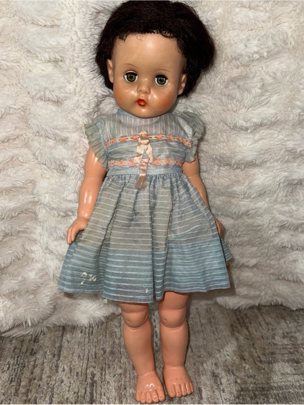 Horseman antique doll in blue dress